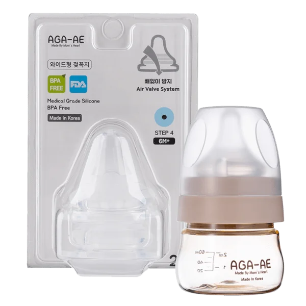 Combo 1 Set 2 núm ty silicone Aga-ae siêu mềm size L  và 1 Bình sữa PPSU Aga-ae (Be) 60ml