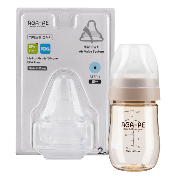 Combo 1 Set 2 núm ty silicone Aga-ae siêu mềm size L và 1 Bình sữa PPSU Aga-ae 180ml (Beige)