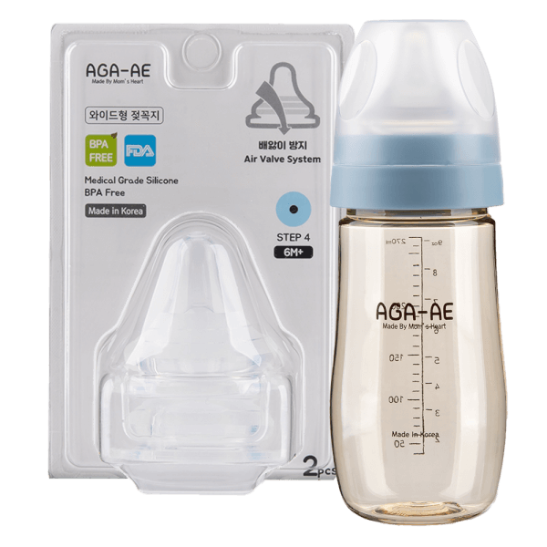 Combo 1 Set 2 núm ty silicone Aga-ae siêu mềm size L và 1 Bình sữa PPSU Aga-ae 270ml (xanh)