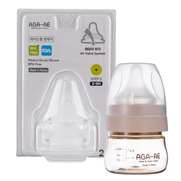 Combo 1 Set 2 núm ty silicone Aga-ae siêu mềm size M và 1 Bình sữa PPSU Aga-ae (Be) 60ml