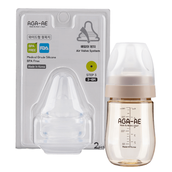 Combo 1 Set 2 núm ty silicone Aga-ae siêu mềm size M và 1 Bình sữa PPSU Aga-ae 180ml (Beige)