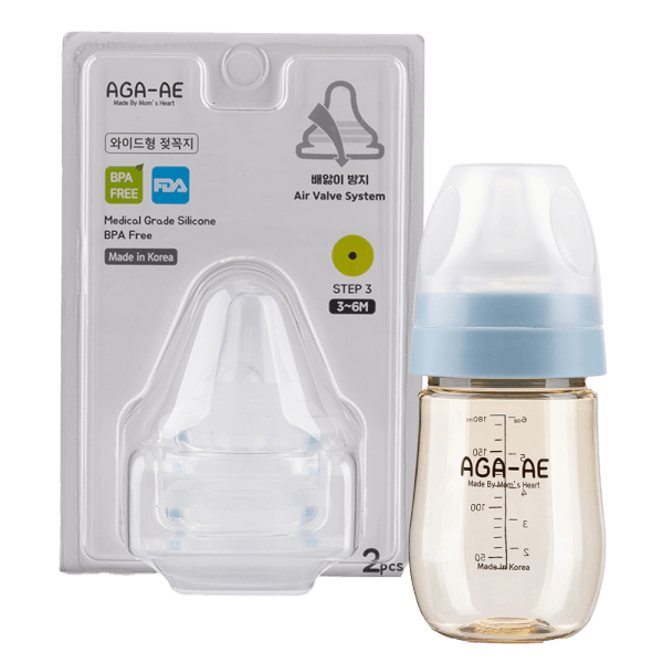 Combo 1 Set 2 núm ty silicone Aga-ae siêu mềm size M và 1 Bình sữa PPSU Aga-ae 180ml (xanh)