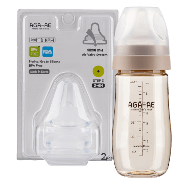 Combo 1 Set 2 núm ty silicone Aga-ae siêu mềm size M và 1 Bình sữa PPSU Aga-ae 270ml (Beige)