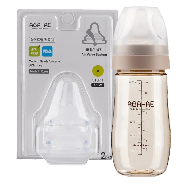 Combo 1 Set 2 núm ty silicone Aga-ae siêu mềm size M và 1 Bình sữa PPSU Aga-ae 270ml (Beige)