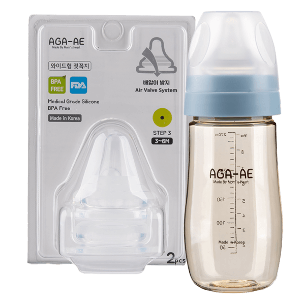 Combo 1 Set 2 núm ty silicone Aga-ae siêu mềm size M và 1 Bình sữa PPSU Aga-ae 270ml (xanh)