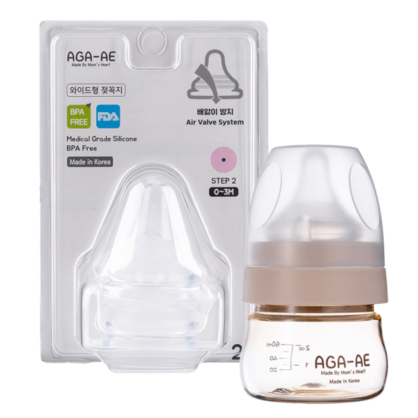 Combo 1 Set 2 núm ty silicone Aga-ae siêu mềm size S (từ 0M+) và 1 Bình sữa PPSU Aga-ae (Be) 60ml