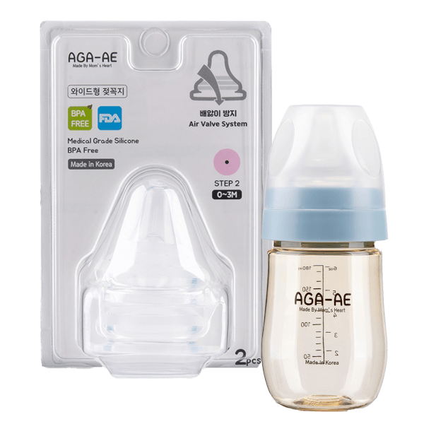 Combo 1 Set 2 núm ty silicone Aga-ae siêu mềm size S (từ 0M+) và 1 Bình sữa PPSU Aga-ae 180ml (xanh)