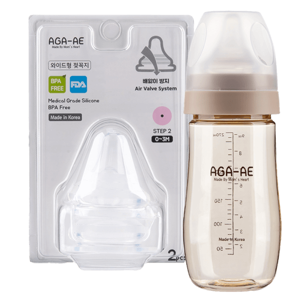 Combo 1 Set 2 núm ty silicone Aga-ae siêu mềm size S (từ 0M+) và 1 Bình sữa PPSU Aga-ae 270ml (Beige)