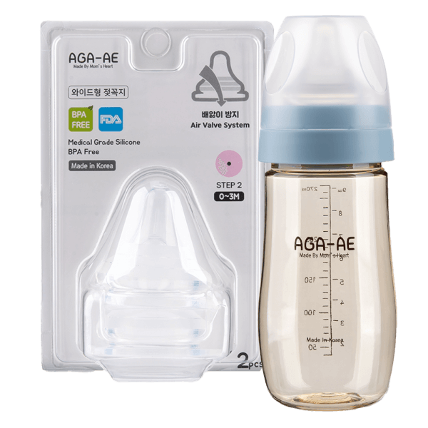 Combo 1 Set 2 núm ty silicone Aga-ae siêu mềm size S (từ 0M+) và 1 Bình sữa PPSU Aga-ae 270ml (xanh)