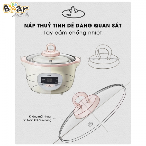 Nồi nấu chậm Bear 1,6L có lồng hấp (Hồng, SUBE002, Vi)