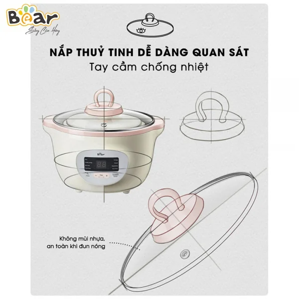 Nồi nấu chậm Bear 1,6L có lồng hấp (Hồng, SUBE002, Vi)