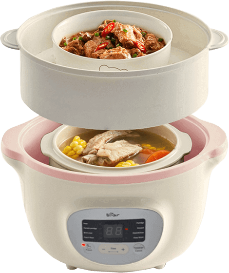 Nồi nấu chậm Bear 1,6L có lồng hấp (Hồng, SUBE002, Vi)