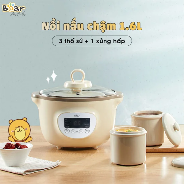 Nồi nấu chậm Bear 1,6L có lồng hấp (Kem, SUBE002, Vi)