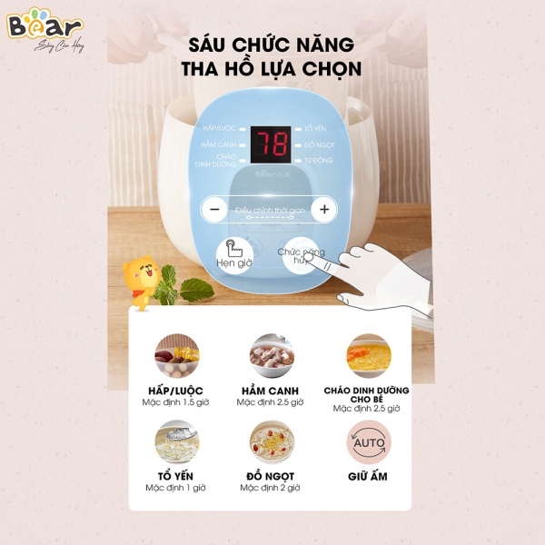 Nồi nấu chậm Bear 0,8L (Hồng, SUBE001, Vi)