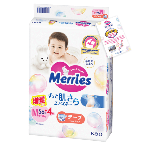 Tã dán Merries nội địa (M, 6-11kg, 56 + 4 miếng)