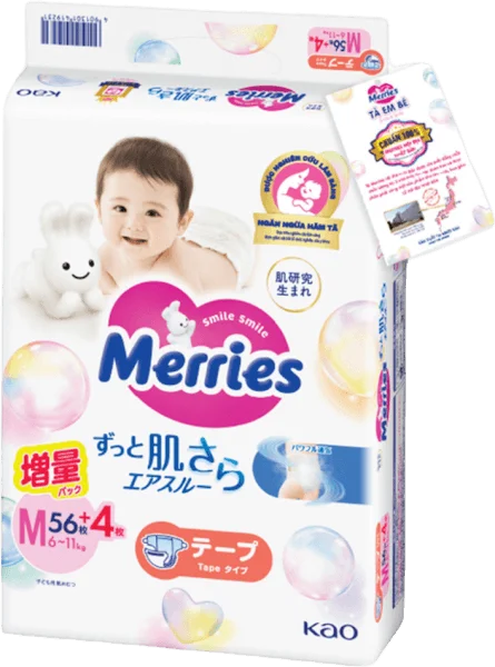 Tã dán Merries nội địa (M, 6-11kg, 56 + 4 miếng)