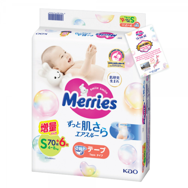 Tã dán Merries nội địa (S, 4-8kg, 70 + 6 miếng)