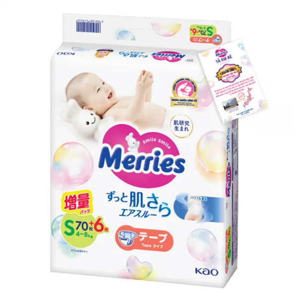 Tã dán Merries nội địa (S, 4-8kg, 70 + 6 miếng)