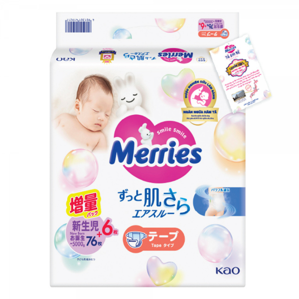 Tã dán sơ sinh Merries nội địa (< 5kg, 76 + 6 miếng)