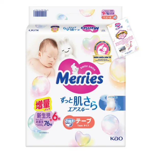 Tã dán sơ sinh Merries nội địa (< 5kg, 76 + 6 miếng)