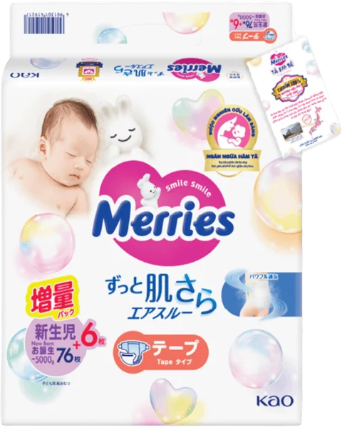 Tã dán sơ sinh Merries nội địa (< 5kg, 76 + 6 miếng)