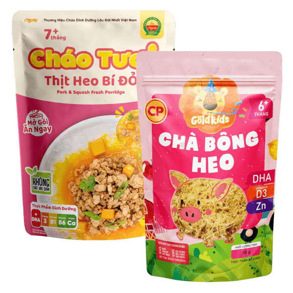 Combo 1 Cháo tươi Cây Thị Thịt heo bí đỏ và 1 Chà bông heo Goldkids 50gr