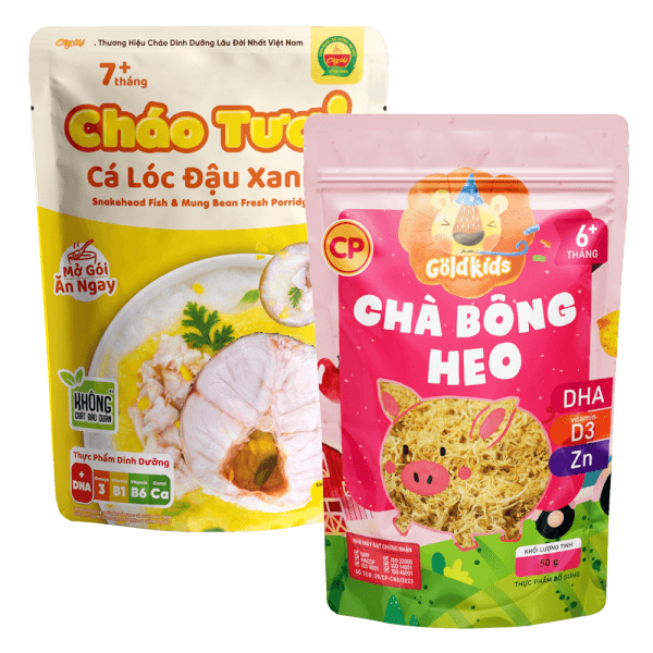 Combo 1 Cháo tươi Cây Thị Cá lóc Đậu Xanh và 1 Chà bông heo Goldkids 50gr