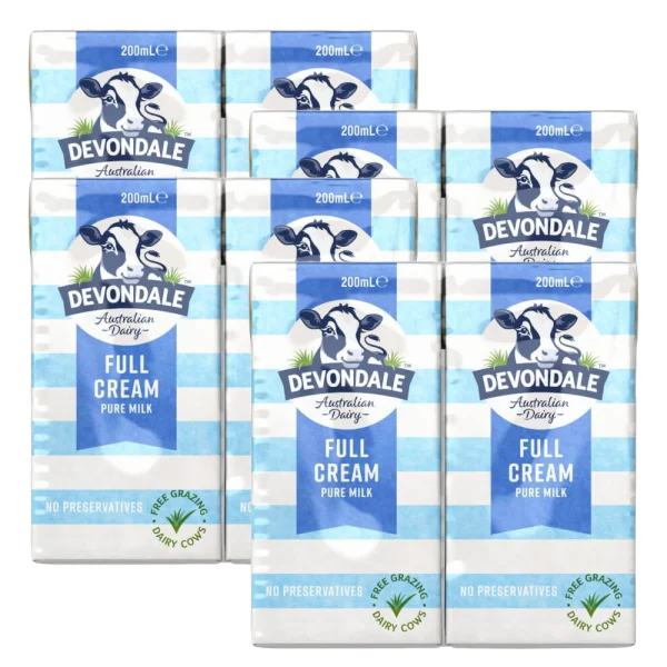 Thùng Sữa tươi nguyên chất tiệt trùng DEVONDALE MILK (DEVONDALE FULL CREAM MILK) 200ml - Lốc 6 hộp