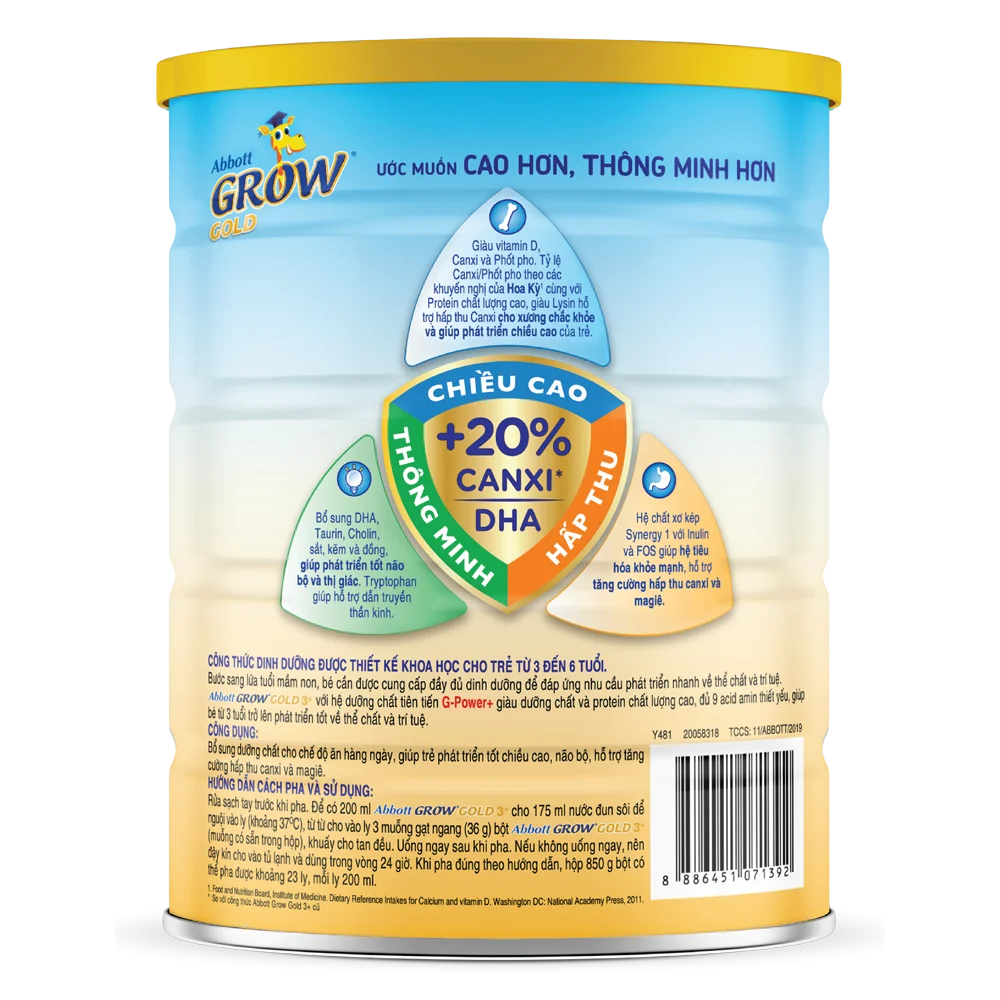 Combo 5 Sữa Abbott Grow 3+ 850g (3-6 tuổi) (tên cũ: Abbott Grow Gold 3+, giao bao bì ngẫu nhiên)