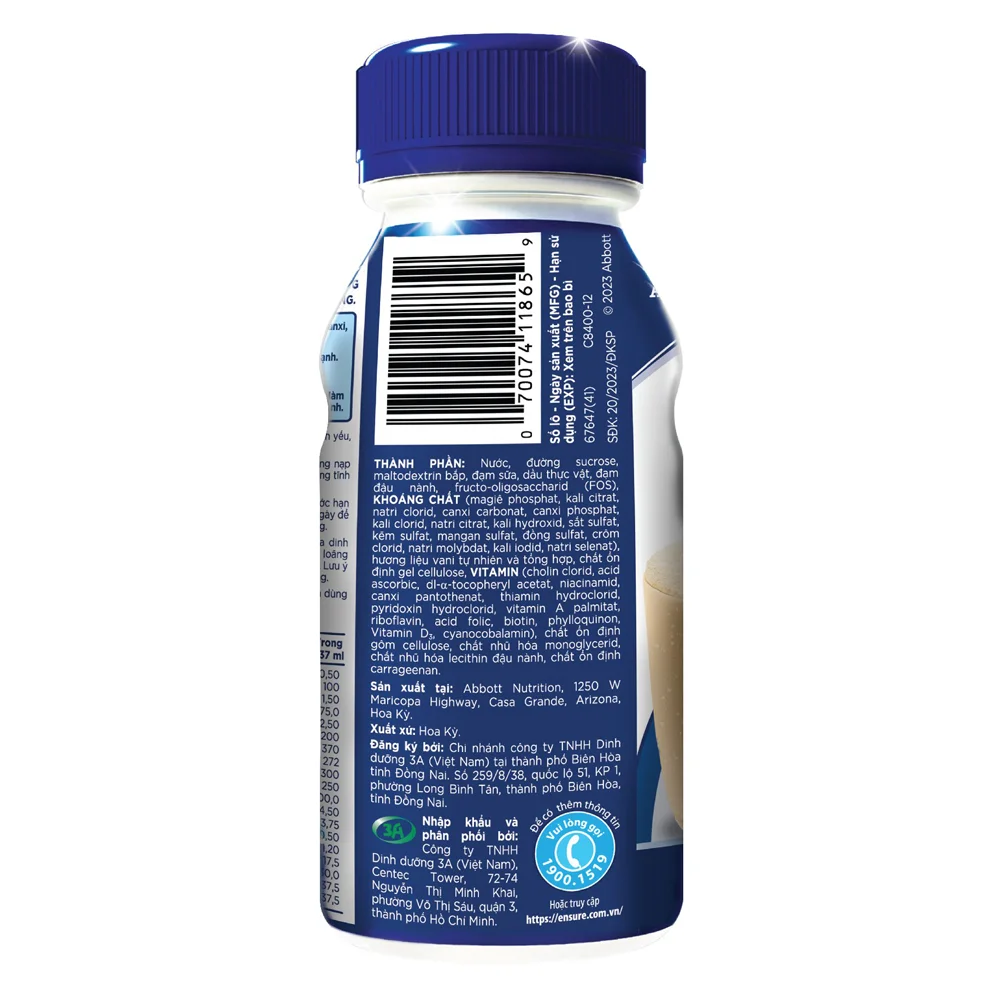 Thực phẩm dinh dưỡng y học Ensure dạng lỏng hương vani 237ML - Lốc 6 chai