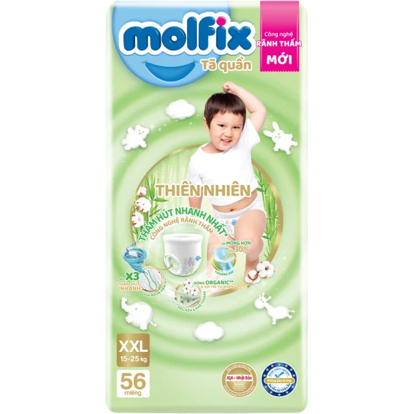 Combo 4 Tã quần Molfix Thiên Nhiên (XXL, 15 - 25kg, 56 miếng) (giao bao bì ngẫu nhiên)