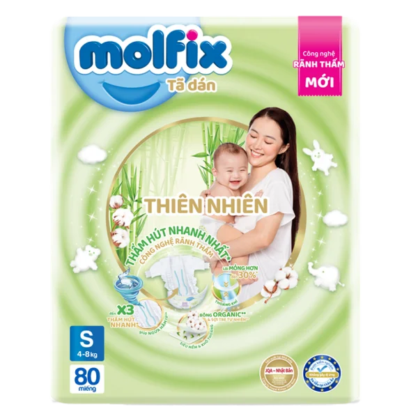 Bỉm tã dán Molfix Thiên nhiên (S, 4-8kg, 80 miếng) (giao bao bì ngẫu nhiên)