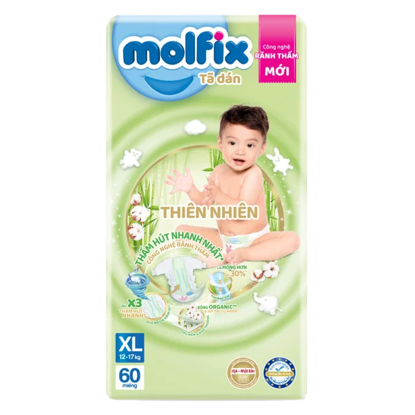 Bỉm tã dán Molfix thiên nhiên (XL, 12-17kg, 62 miếng) (giao bao bì ngẫu nhiên)