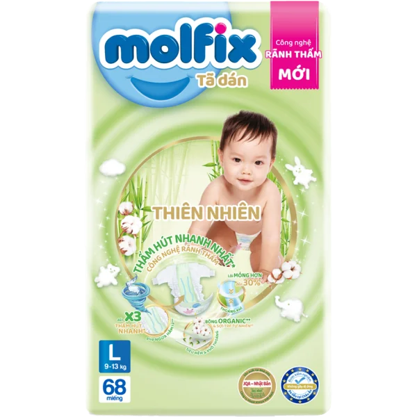 Bỉm tã dán Molfix Thiên Nhiên (L, 9-13kg, 68 miếng) (giao bao bì ngẫu nhiên)
