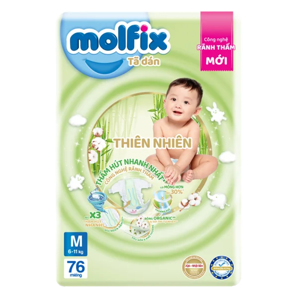 Combo 3 Bỉm tã dán Molfix thiên nhiên (M, 6-11kg, 76 miếng)