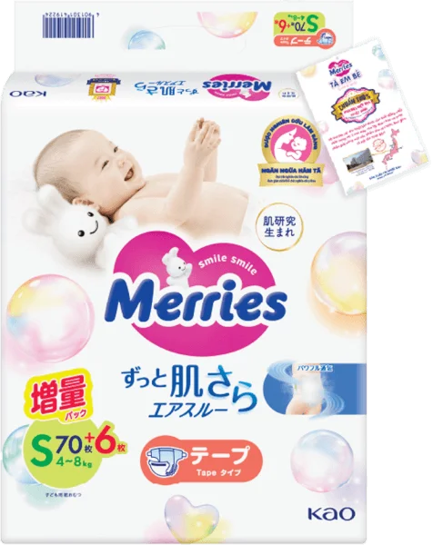 Tã dán Merries nội địa (S, 4-8kg, 70 + 6 miếng)