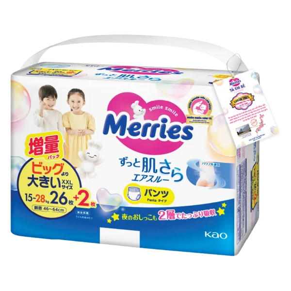 Tã quần Merries nội địa (XXL, 15-28kg, 26 + 2 miếng)