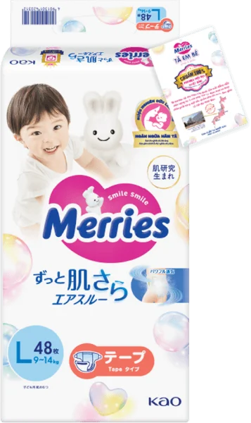 Tã dán Merries (L, 9-14kg, 48 miếng)