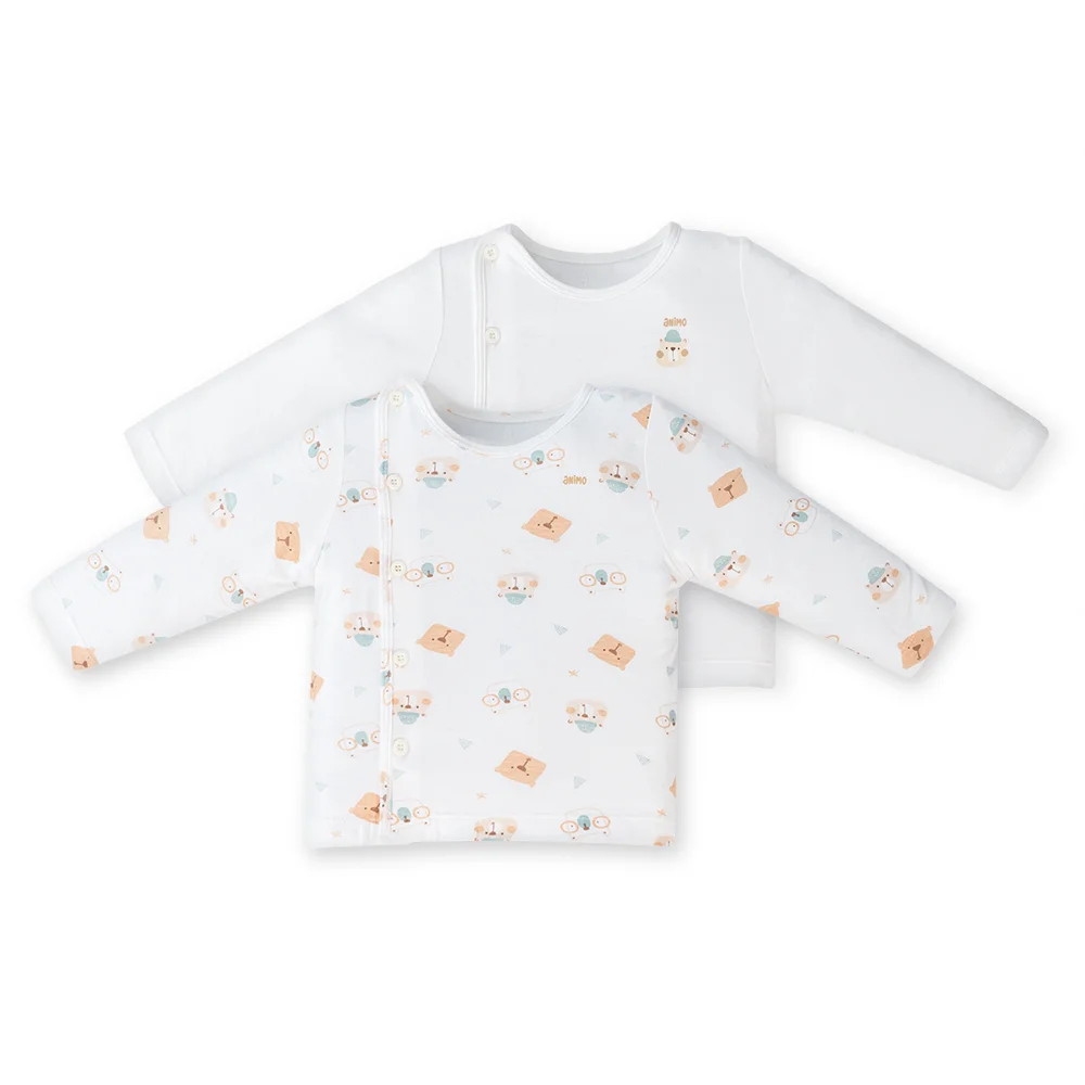 Set 2 áo sơ sinh cài chéo tay dài Animo Easy KV0724004 (NB,Trắng-HT Gấu)