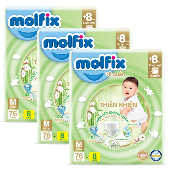 Combo 3 Bỉm tã quần Molfix thiên nhiên (M, 6-11kg, 76 miếng)