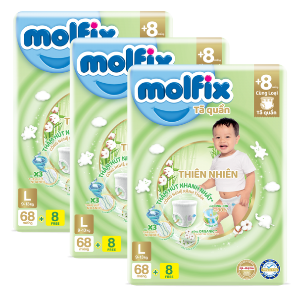 Combo 3 Bỉm tã quần Molfix thiên nhiên (L, 9-13kg, 68 miếng)