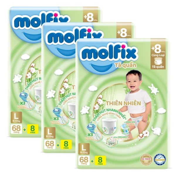 Combo 3 Bỉm tã quần Molfix thiên nhiên (L, 9-13kg, 68 miếng) (giao bao bì ngẫu nhiên)