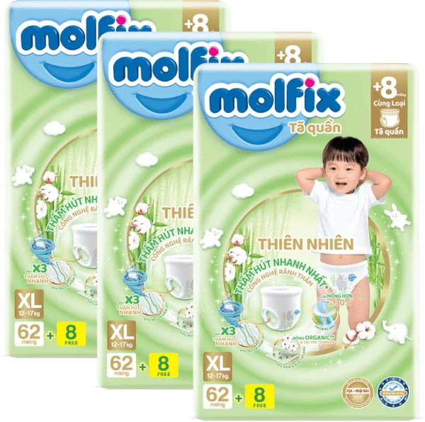 Combo 3 Bỉm tã quần Molfix thiên nhiên (XL, 12-17kg, 62 miếng) (giao bao bì ngẫu nhiên)