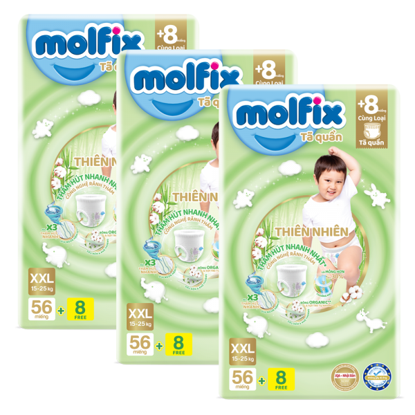 Combo 3 Bỉm tã quần Molfix thiên nhiên (XXL, 15-25kg, 56 miếng) (giao bao bì ngẫu nhiên)