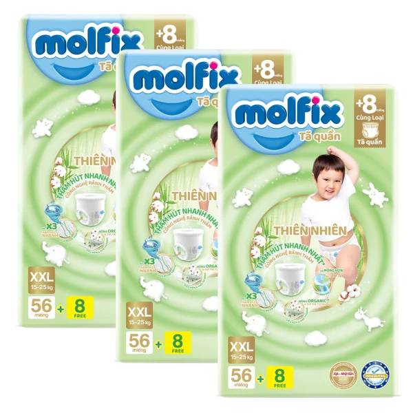 Combo 3 Bỉm tã quần Molfix thiên nhiên (XXL, 15-25kg, 56 miếng) (giao bao bì ngẫu nhiên)