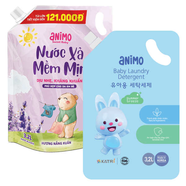 Combo 1 Nước xả dịu nhẹ kháng khuẩn lưu hương Animo hương Nắng Xuân 3.2L (Tím) và 1 Nước giặt cho bé Animo hương làn gió mùa hè túi refill 3,2L