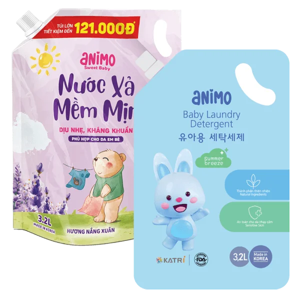 Combo 1 Nước xả dịu nhẹ kháng khuẩn lưu hương Animo hương Nắng Xuân 3.2L (Tím) và 1 Nước giặt cho bé Animo hương làn gió mùa hè túi refill 3,2L