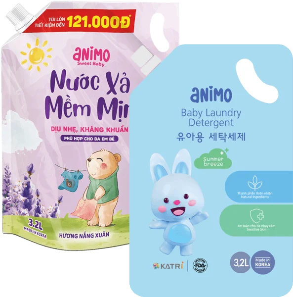 Combo 1 Nước xả dịu nhẹ kháng khuẩn lưu hương Animo hương Nắng Xuân 3.2L (Tím) và 1 Nước giặt cho bé Animo hương làn gió mùa hè túi refill 3,2L