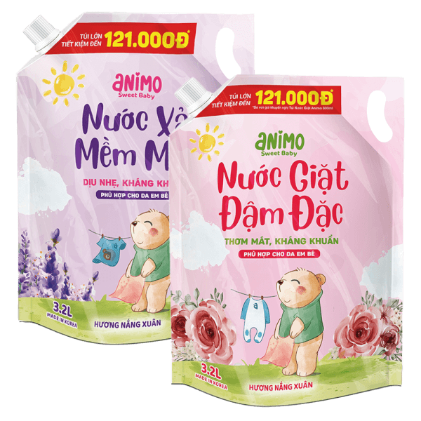 Combo 1 Nước xả dịu nhẹ kháng khuẩn lưu hương Animo hương Nắng Xuân 3.2L (Tím) và 1 Nước giặt dịu nhẹ kháng khuẩn Animo hương Nắng xuân 3.2L (Hồng phấn)