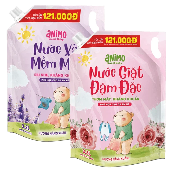 Combo 1 Nước xả dịu nhẹ kháng khuẩn lưu hương Animo hương Nắng Xuân 3.2L (Tím) và 1 Nước giặt dịu nhẹ kháng khuẩn Animo hương Nắng xuân 3.2L (Hồng phấn)